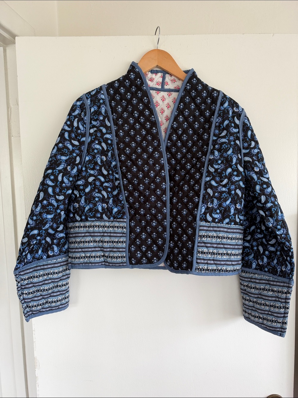 Navy & Light Blue Paisley Quilted Cropped Reversible Jacket